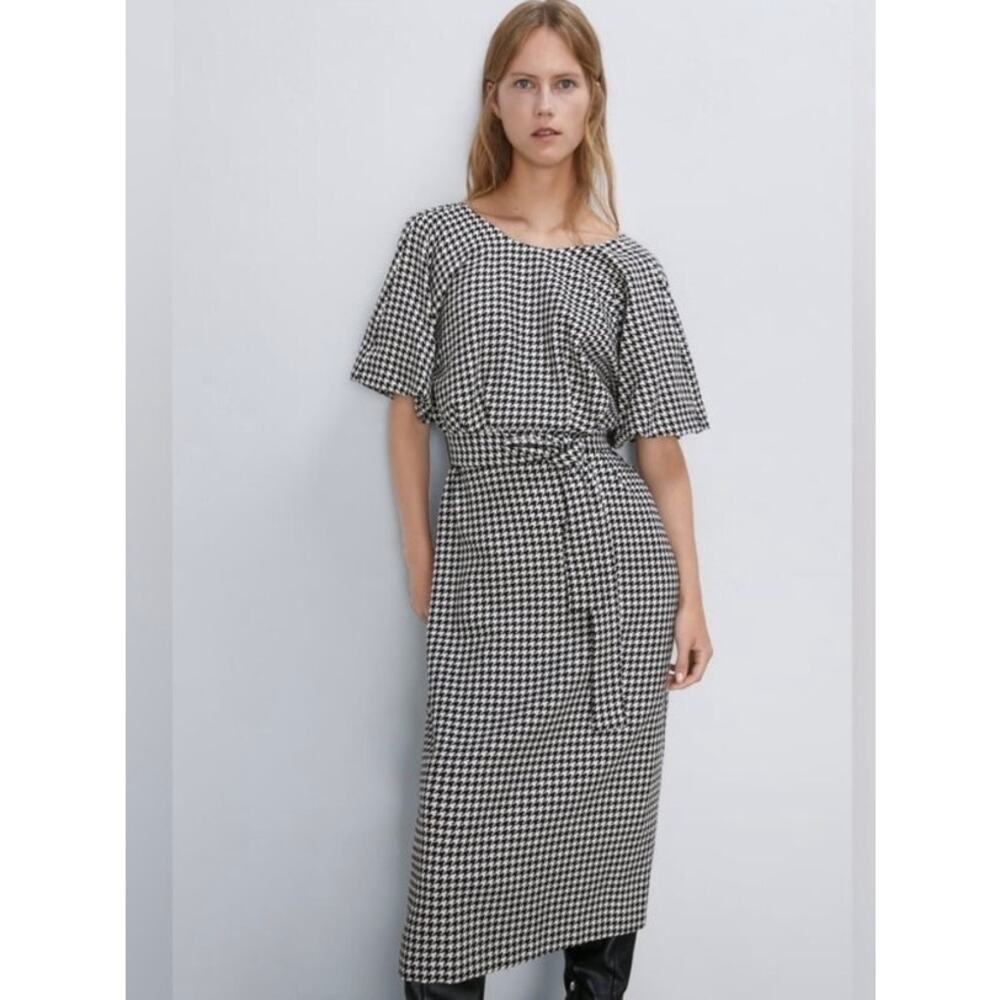 Zara Black&White Houndstooth Balloon Sleeve Blogger Favorite Midi Dress Sz.L - Picture 3 of 16